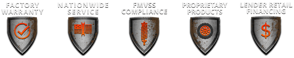 Rocky Ridge Benefits icons - Factory Warranty - Nationwide Service - FMVSS Compliance - Proprietary Products - Lender Retail Financing